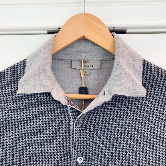 Canali Polo Sweater Long Sleeve Pullover Wool Gray Houndstooth Size 48 IT / US S - Picture 3 of 8